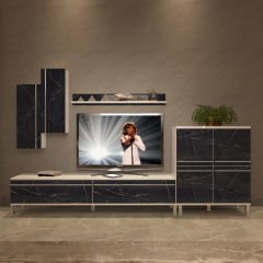 Decoraktiv Eko 6 Mdf Std Krom Ayaklı Tv Ünitesi Tv Sehpası Beyaz - Siyah Mermer