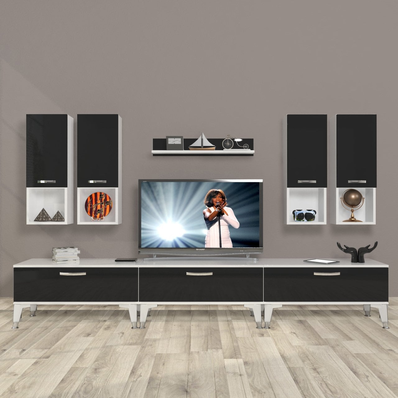 Decoraktiv Eko 8DA Slm Silver Tv Ünitesi Tv Sehpası Beyaz - Siyah