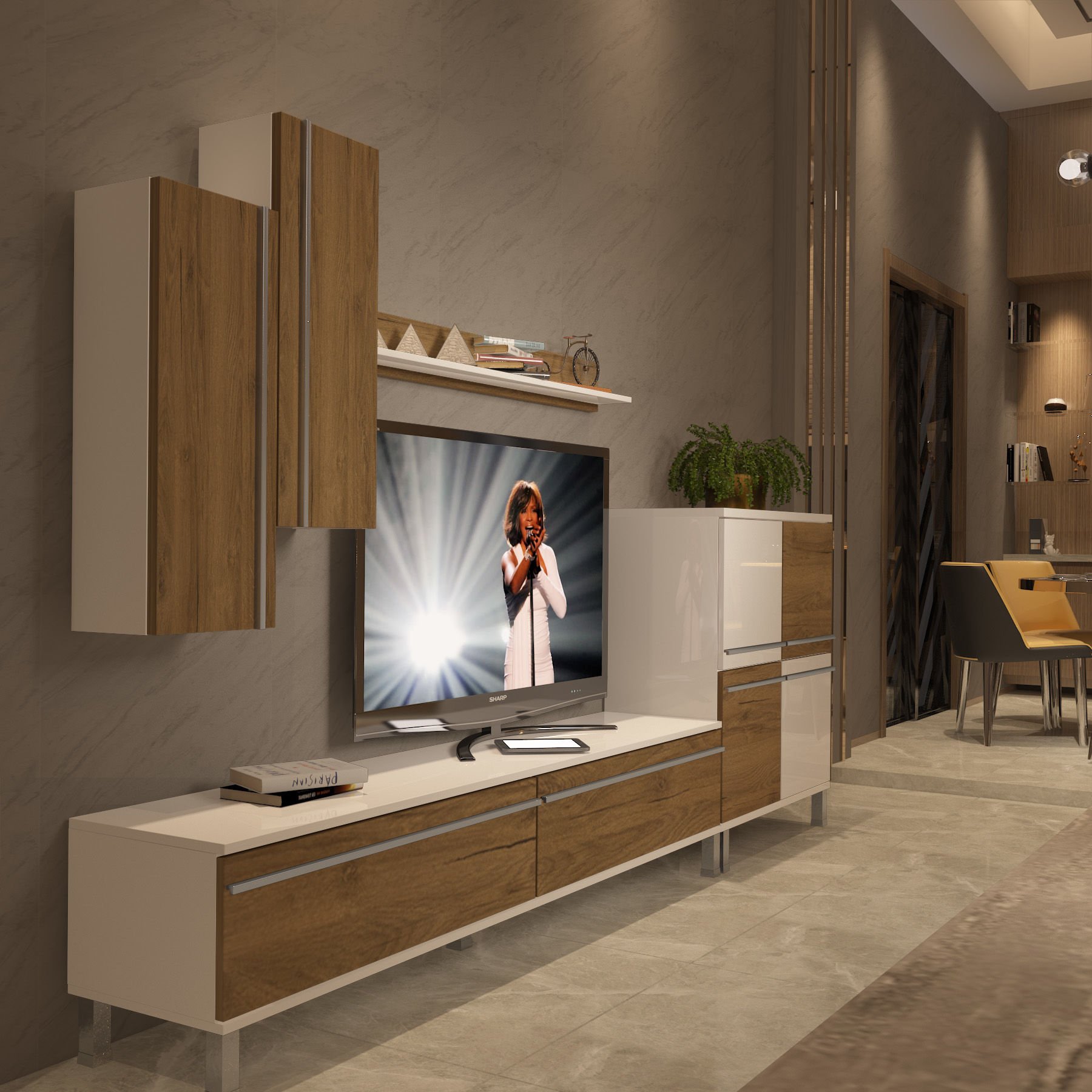 Decoraktiv Eko 6 Mdf Std Krom Ayaklı Tv Ünitesi Tv Sehpası Beyaz - Pera