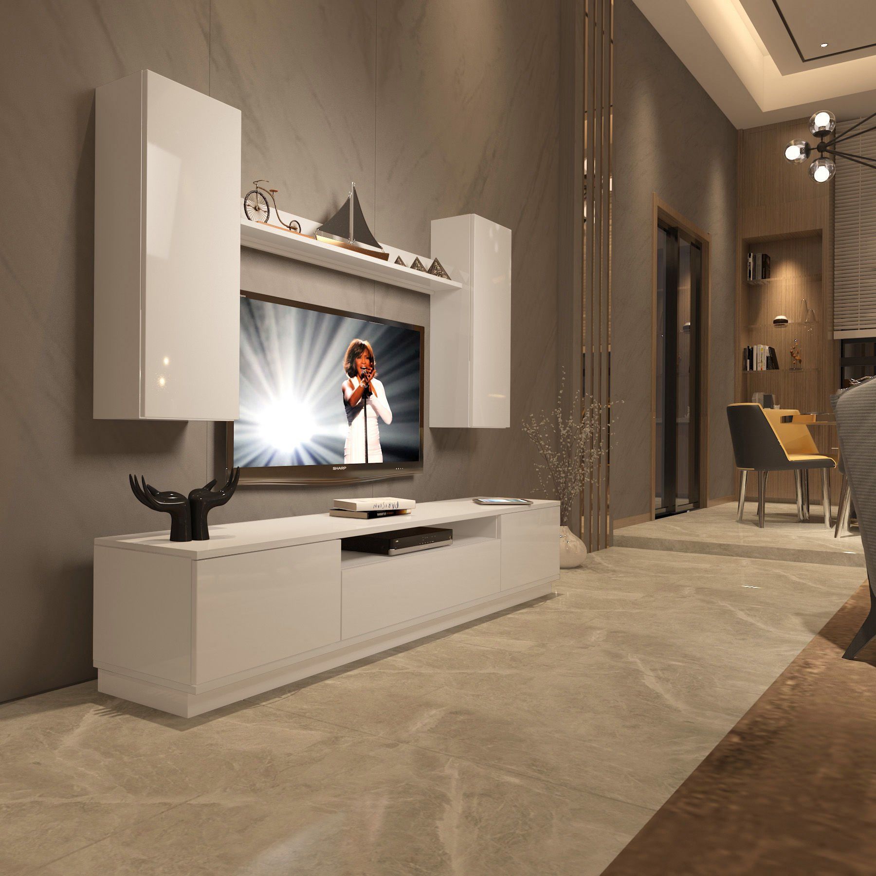 Decoraktiv Trendstyle 5DS Slm Tv Ünitesi Tv Sehpası Parlak Beyaz