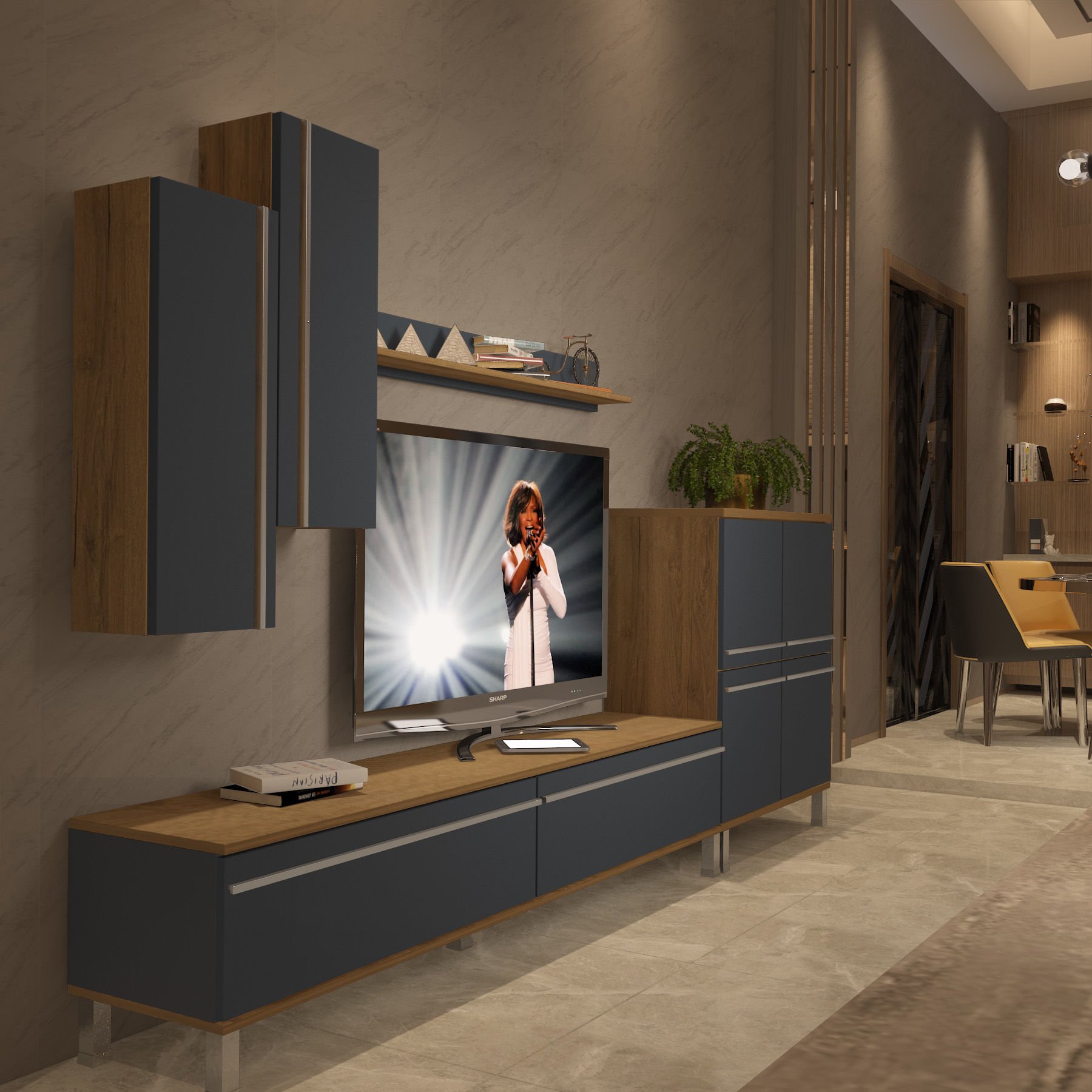 Decoraktiv Eko 6 Mdf Std Krom Ayaklı Tv Ünitesi Tv Sehpası Pera - Antrasit
