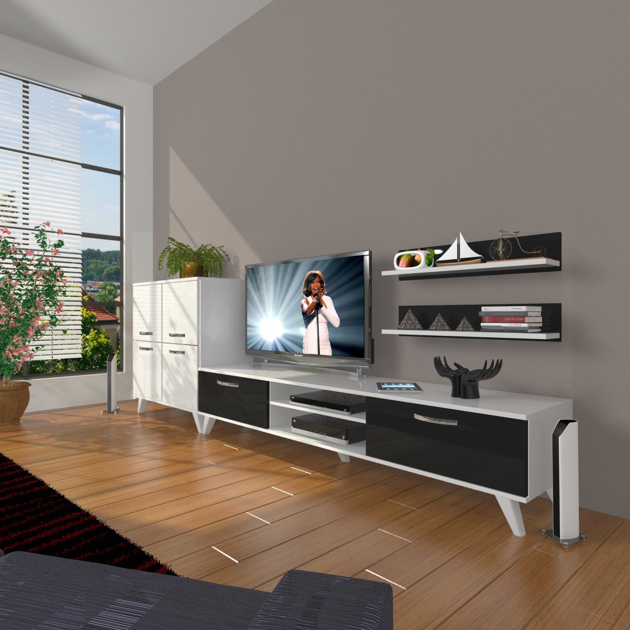 Decoraktiv Eko On Slm Dvd Retro Tv Ünitesi Tv Sehpası Beyaz - Siyah