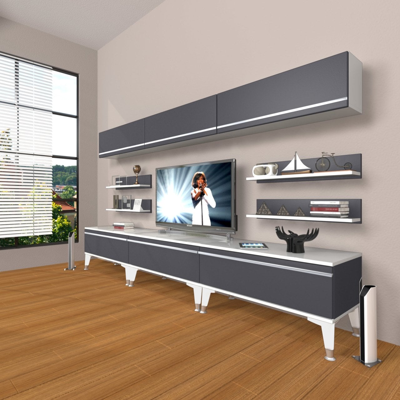 Decoraktiv Eko 8Y Mdf Silver Tv Ünitesi Tv Sehpası Beyaz - Antrasit