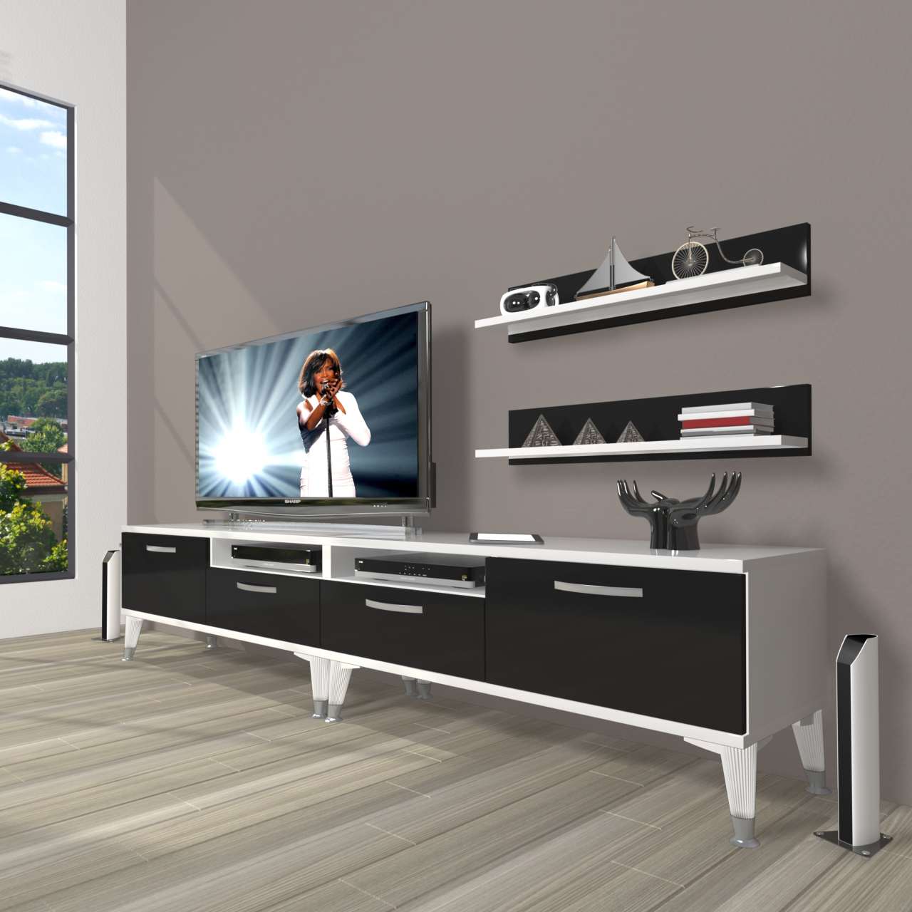 Decoraktiv Eko 200r Mdf Silver Tv Ünitesi Tv Sehpası Beyaz - Siyah
