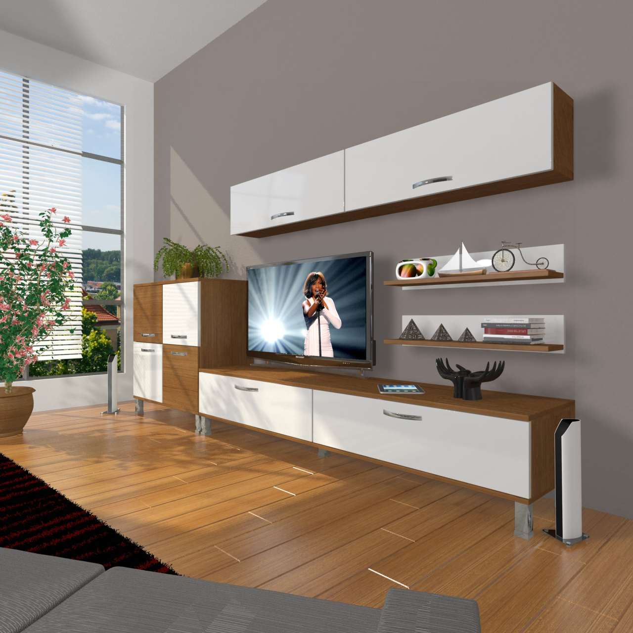 Decoraktiv Eko 6Y Slm Std Krom Ayaklı Tv Ünitesi Tv Sehpası Ceviz - Beyaz