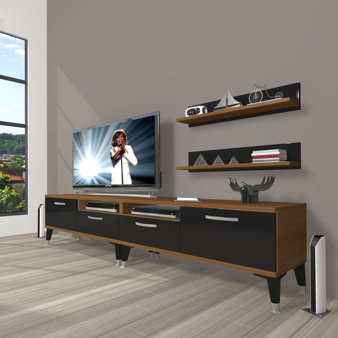 Decoraktiv Eko 200r Mdf Silver Tv Ünitesi Tv Sehpası Ceviz - Siyah