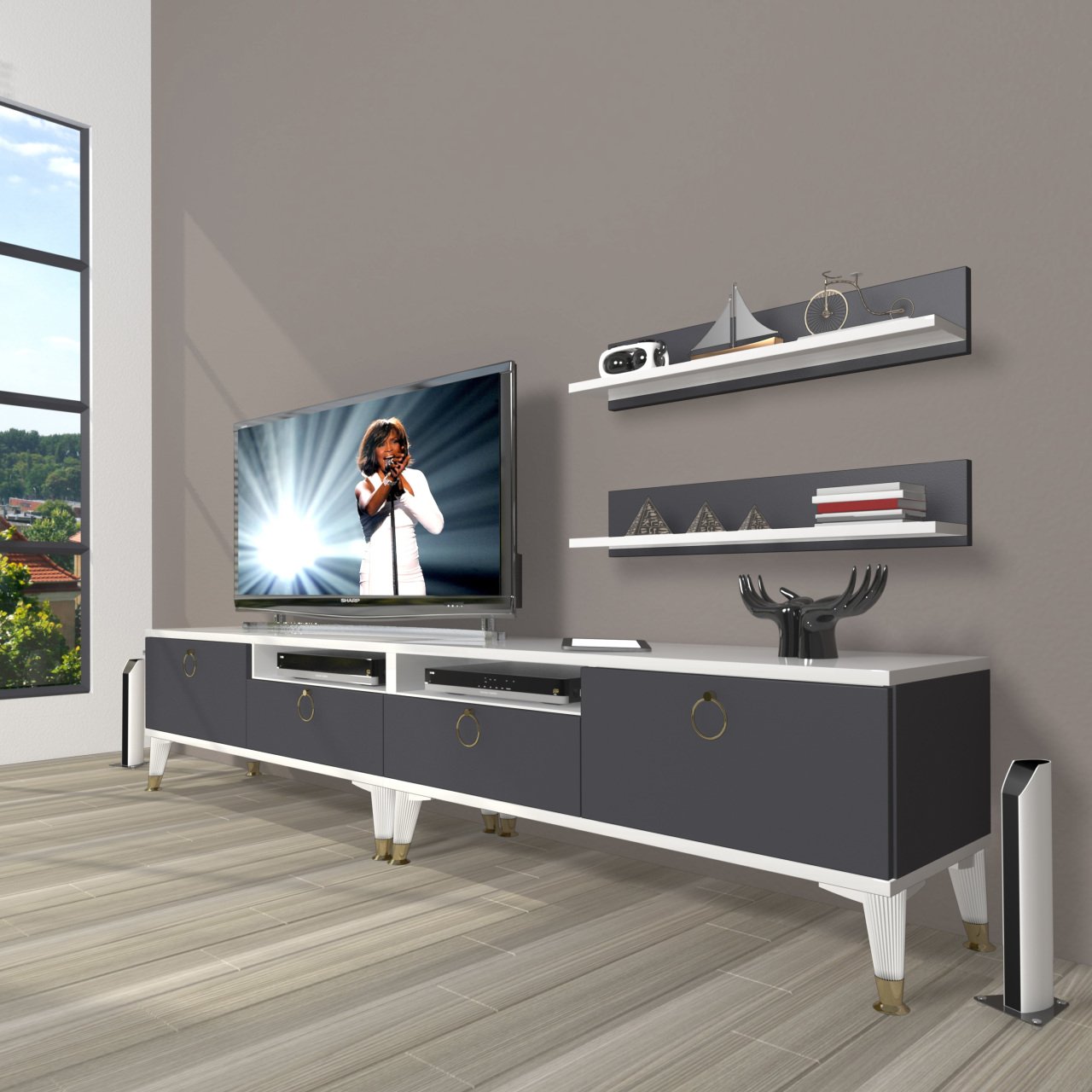 Decoraktiv Eko 200r Mdf Gold Tv Ünitesi Tv Sehpası Beyaz - Antrasit