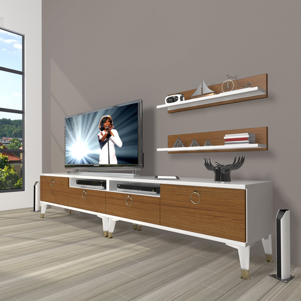 Decoraktiv Eko 200r Mdf Gold Tv Ünitesi Tv Sehpası Beyaz - Ceviz