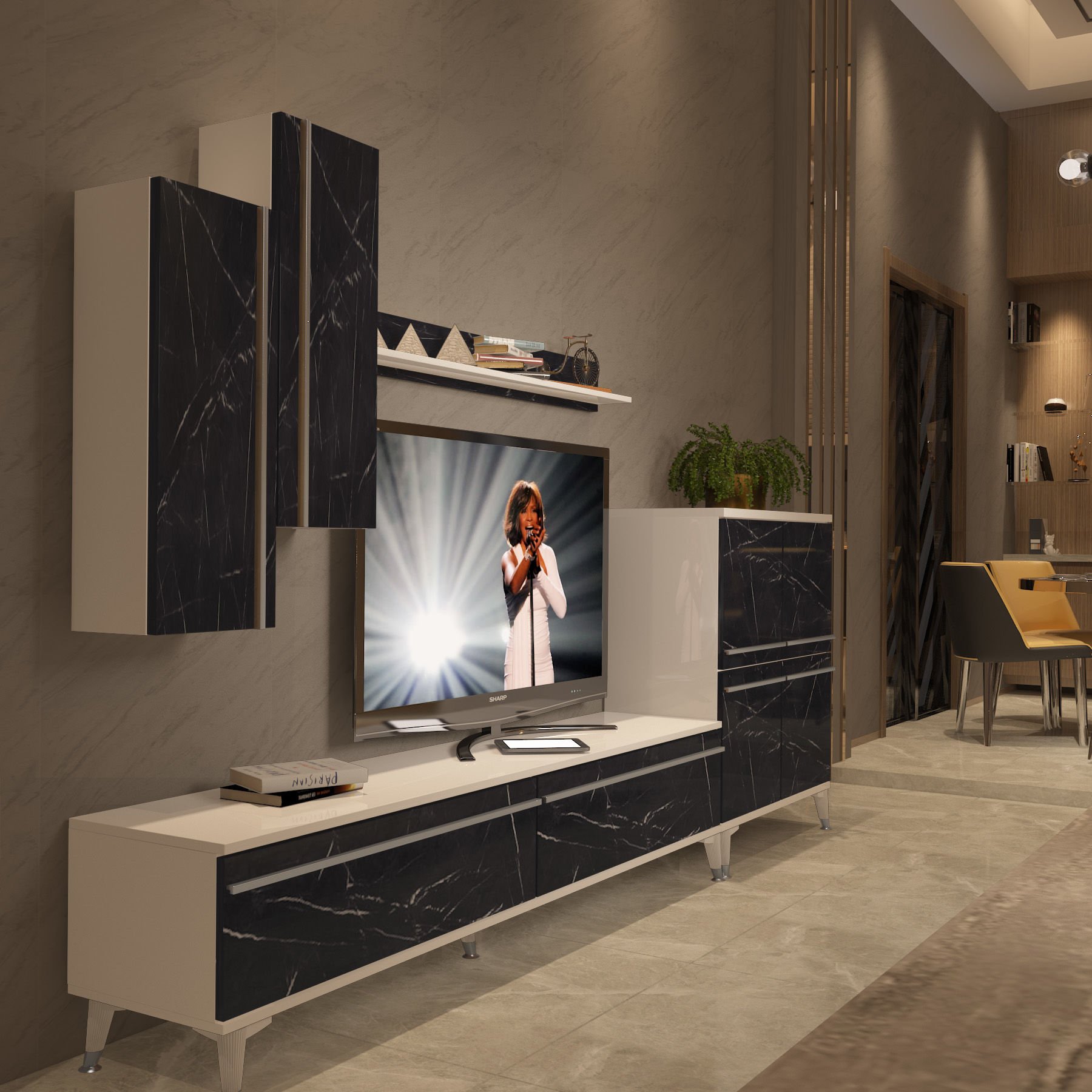 Decoraktiv Eko 6 Mdf Std Silver Tv Ünitesi Tv Sehpası Beyaz - Siyah Mermer