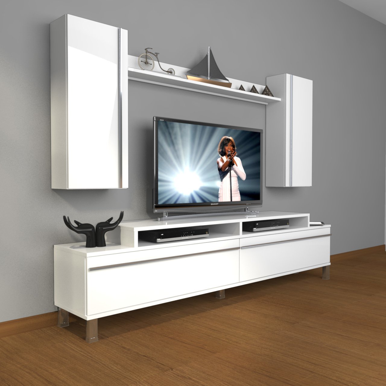 Decoraktiv Ekoflex 7 Mdf Krom Ayaklı Tv Ünitesi Tv Sehpası Parlak Beyaz
