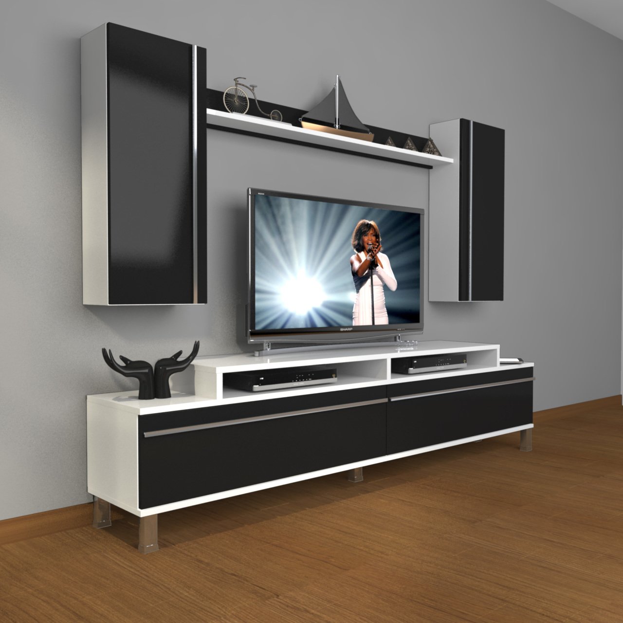 Decoraktiv Ekoflex 7 Mdf Krom Ayaklı Tv Ünitesi Tv Sehpası Beyaz - Siyah