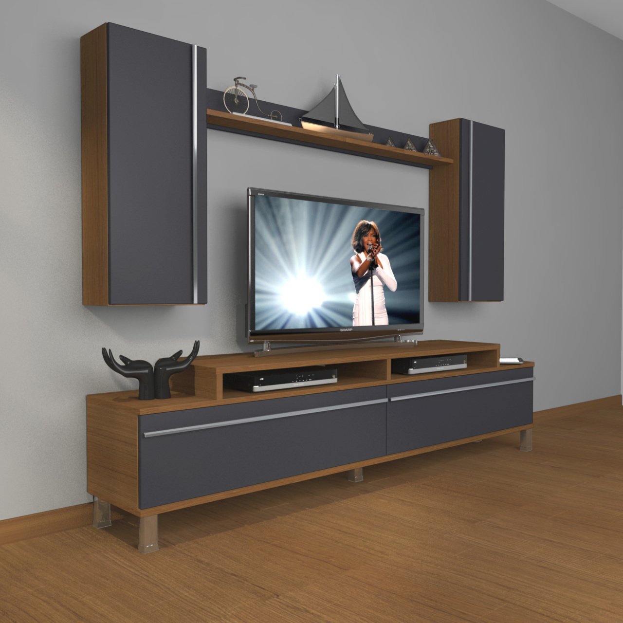 Decoraktiv Ekoflex 7 Mdf Krom Ayaklı Tv Ünitesi Tv Sehpası Ceviz - Antrasit