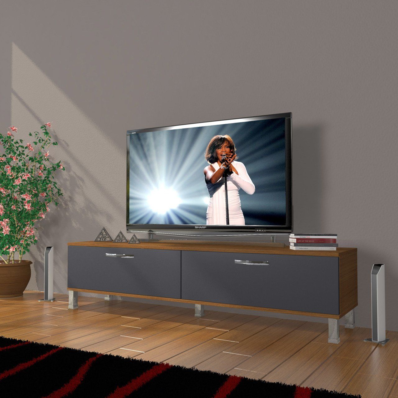 Decoraktiv Eko 140 Mdf Std Krom Ayaklı Tv Ünitesi Tv Sehpası Ceviz - Antrasit