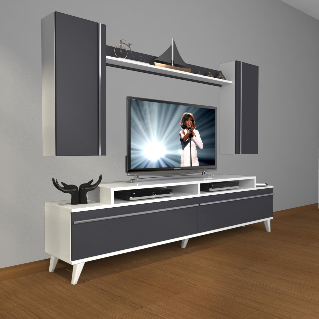 Decoraktiv Ekoflex 7 Mdf Retro Tv Ünitesi Tv Sehpası Beyaz - Antrasit