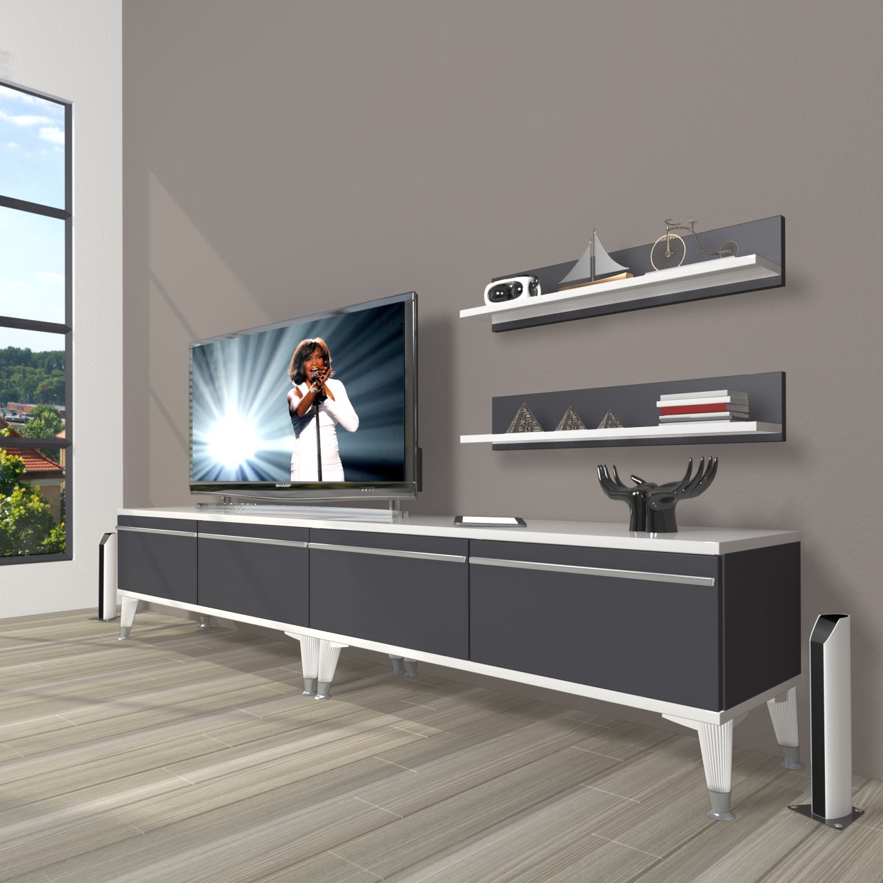 Decoraktiv Eko 200T Mdf Silver Tv Ünitesi Tv Sehpası Beyaz - Antrasit