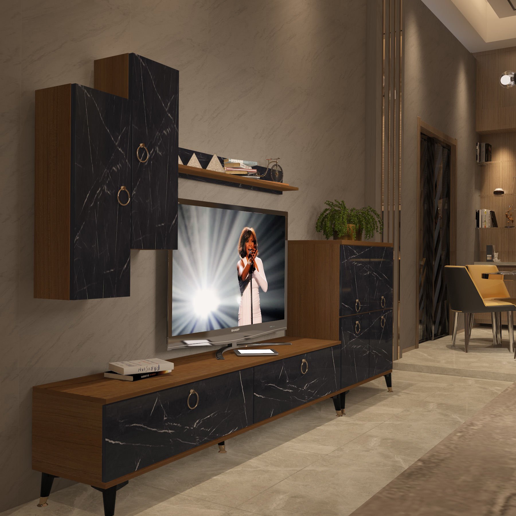 Decoraktiv Eko 6 Mdf Std Gold Tv Ünitesi Tv Sehpası Ceviz - Siyah Mermer