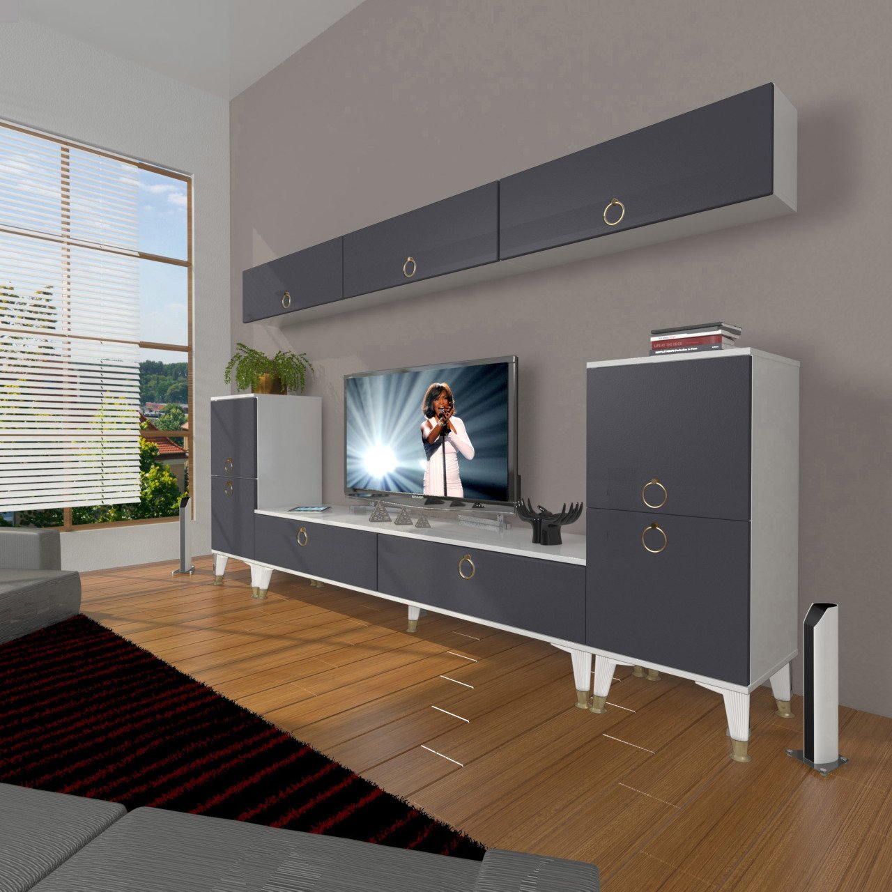 Decoraktiv Eko 9 Mdf Std Gold Tv Ünitesi Tv Sehpası Beyaz - Antrasit