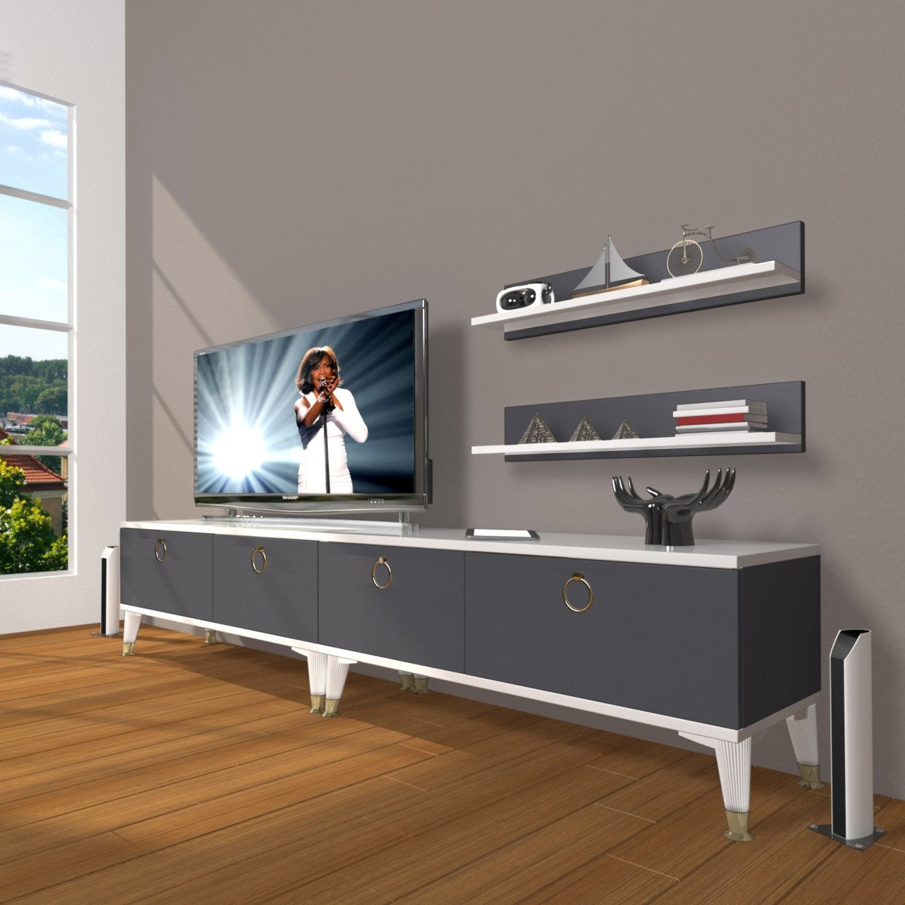 Decoraktiv Eko 200T Mdf Gold Tv Ünitesi Tv Sehpası Beyaz - Antrasit