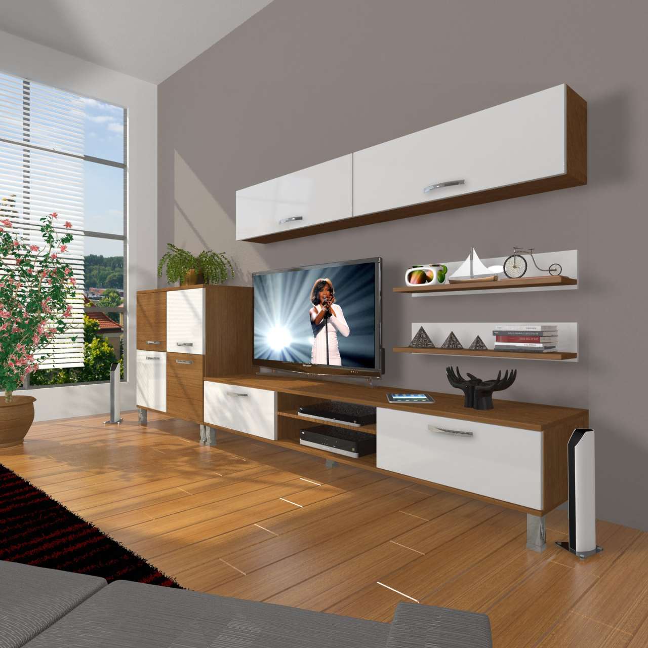 Decoraktiv Eko 6Y Slm Dvd Krom Ayaklı Tv Ünitesi Tv Sehpası Ceviz - Beyaz
