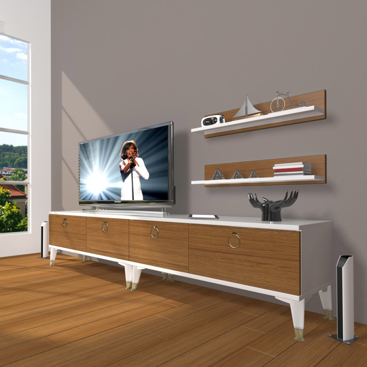 Decoraktiv Eko 200T Mdf Gold Tv Ünitesi Tv Sehpası Beyaz - Ceviz