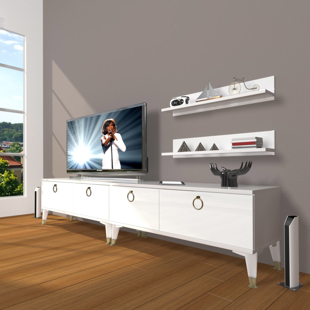 Decoraktiv Eko 200T Mdf Gold Tv Ünitesi Tv Sehpası Parlak Beyaz