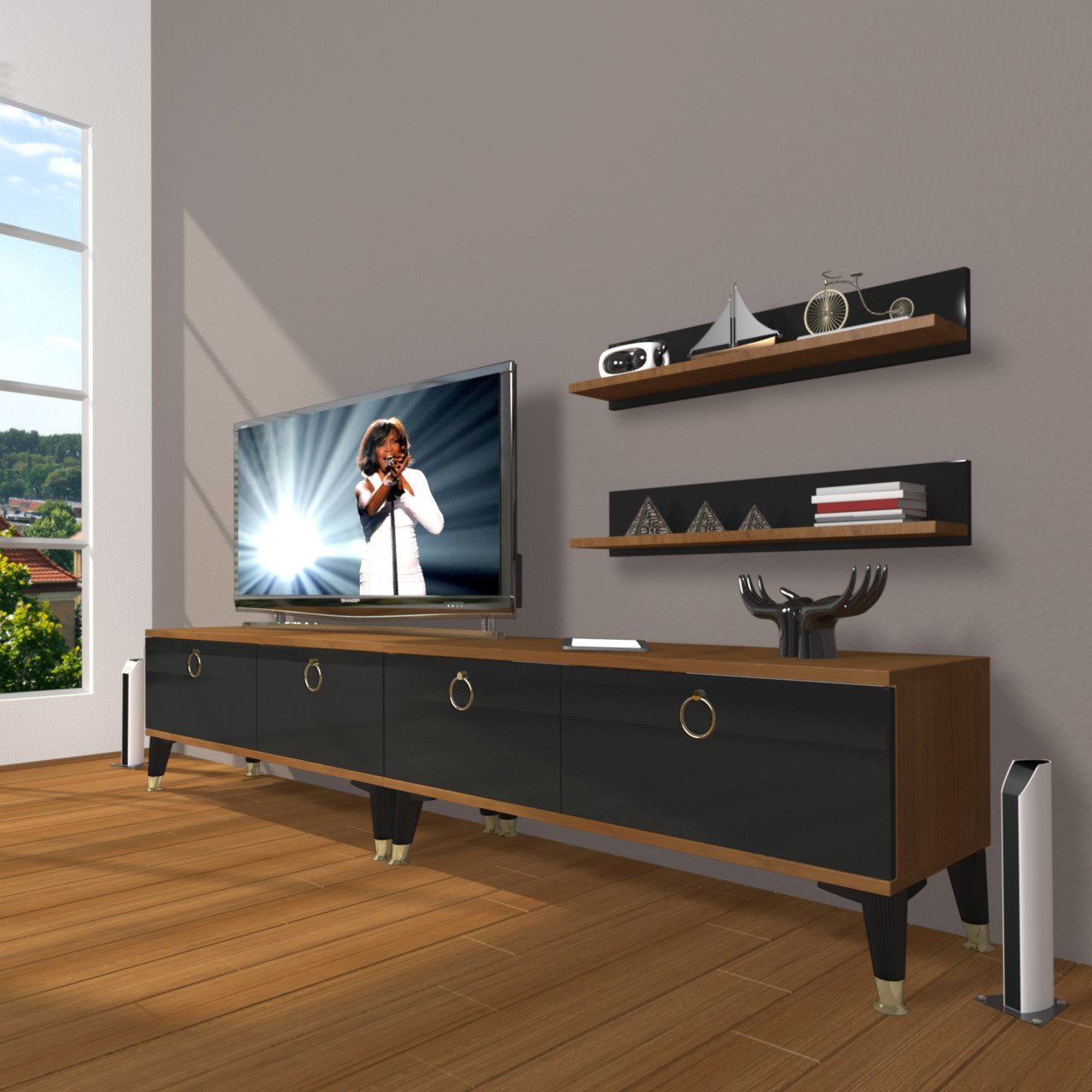 Decoraktiv Eko 200T Mdf Gold Tv Ünitesi Tv Sehpası Ceviz - Siyah