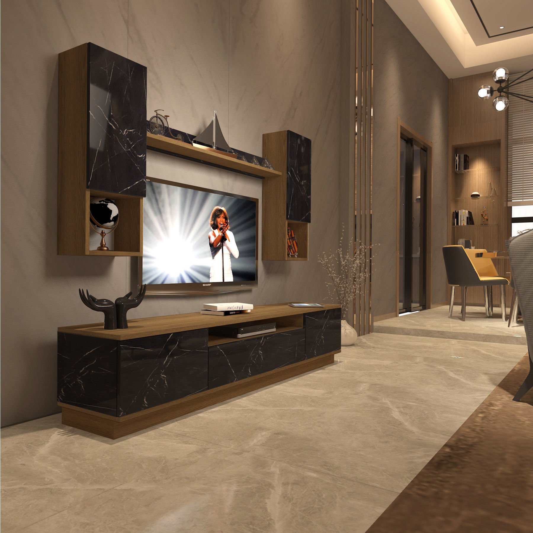 Decoraktiv Trendstyle 5DAS Mdf Tv Ünitesi Tv Sehpası Pera - Siyah Mermer
