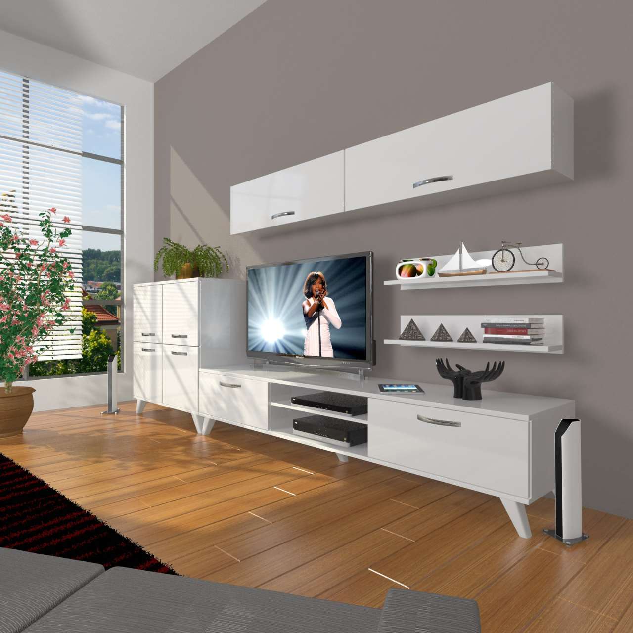 Decoraktiv Eko 6Y Slm Dvd Retro Tv Ünitesi Tv Sehpası Parlak Beyaz