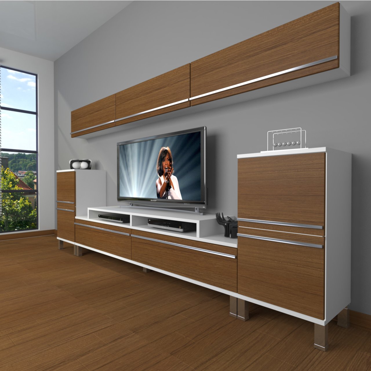 Decoraktiv Ekoflex 9 Mdf Krom Ayaklı Tv Ünitesi Tv Sehpası Beyaz - Ceviz