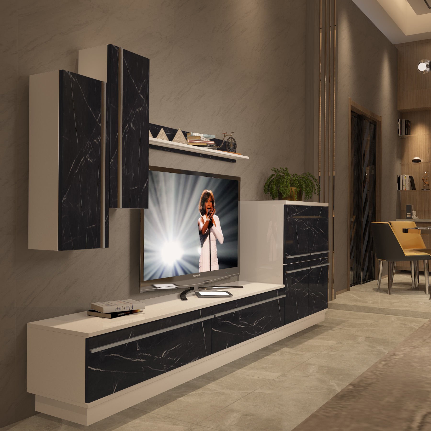 Decoraktiv Eko 6B Mdf Std Tv Ünitesi Tv Sehpası Beyaz - Siyah Mermer