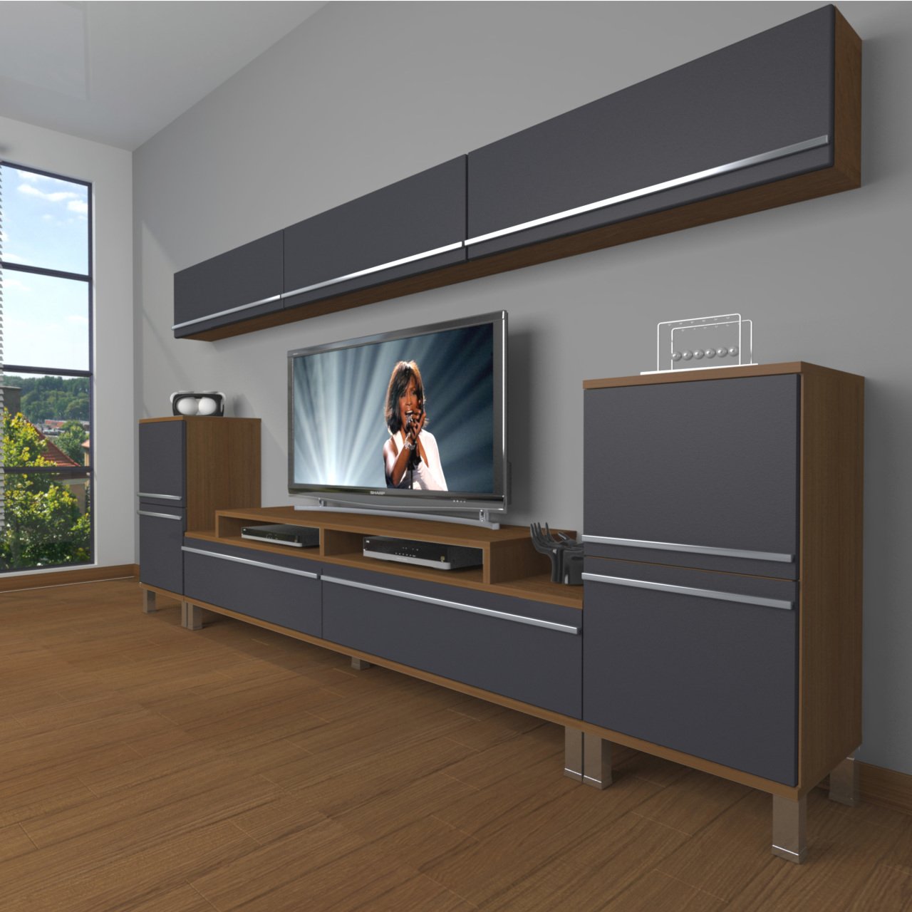 Decoraktiv Ekoflex 9 Mdf Krom Ayaklı Tv Ünitesi Tv Sehpası Ceviz - Antrasit