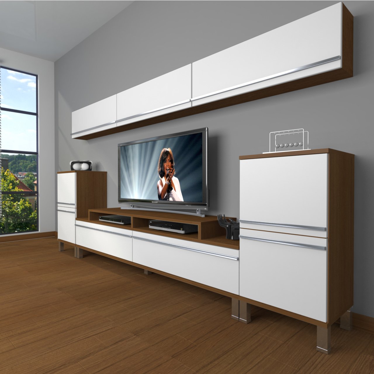 Decoraktiv Ekoflex 9 Mdf Krom Ayaklı Tv Ünitesi Tv Sehpası Ceviz - Beyaz