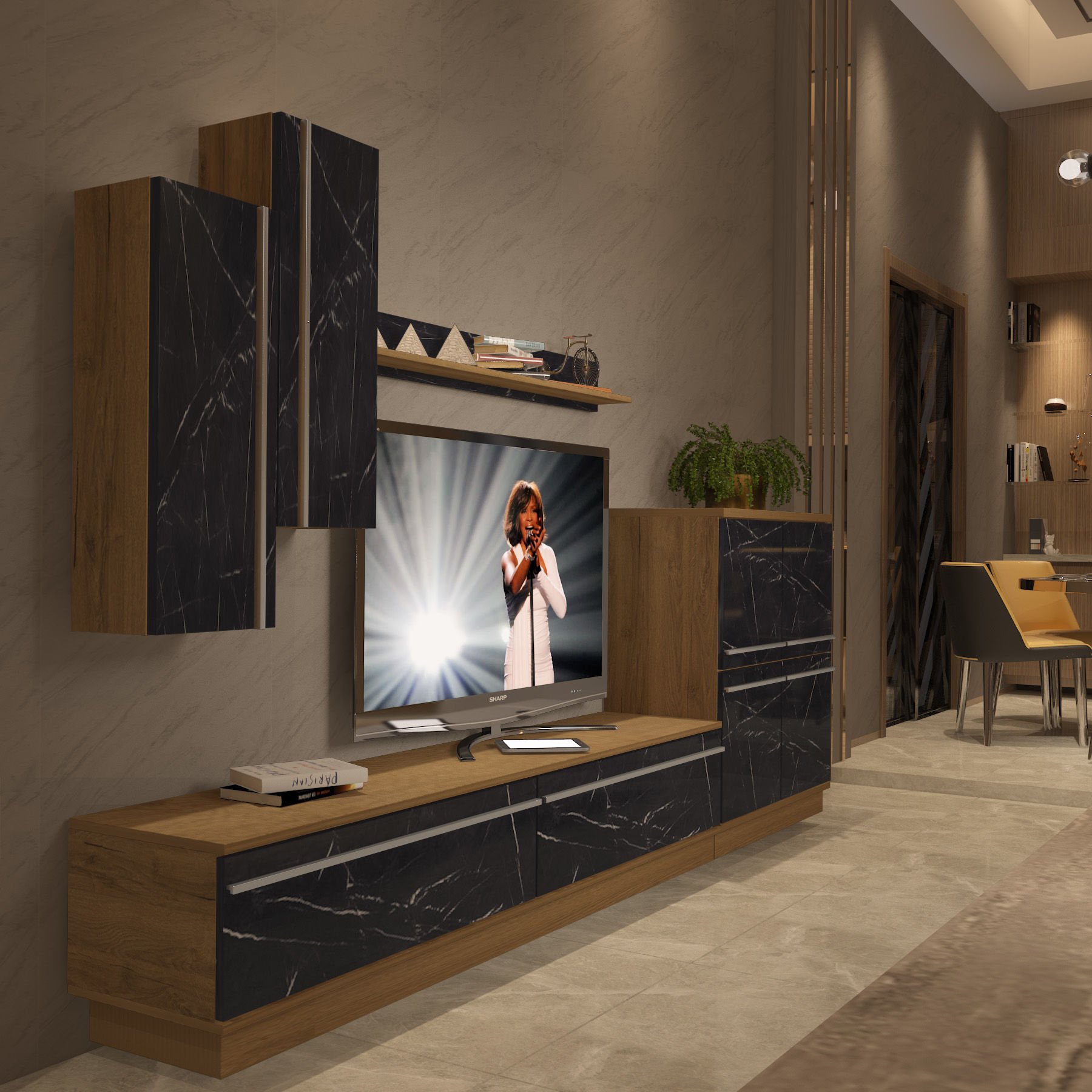 Decoraktiv Eko 6B Mdf Std Tv Ünitesi Tv Sehpası Pera - Siyah Mermer
