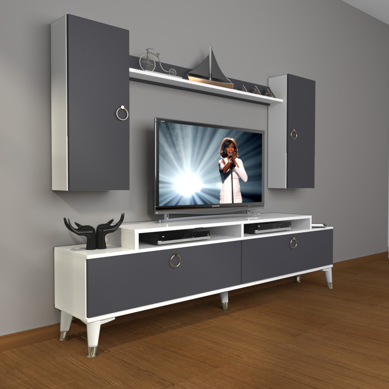 Decoraktiv Ekoflex 7 Mdf Gold Tv Ünitesi Tv Sehpası Beyaz - Antrasit
