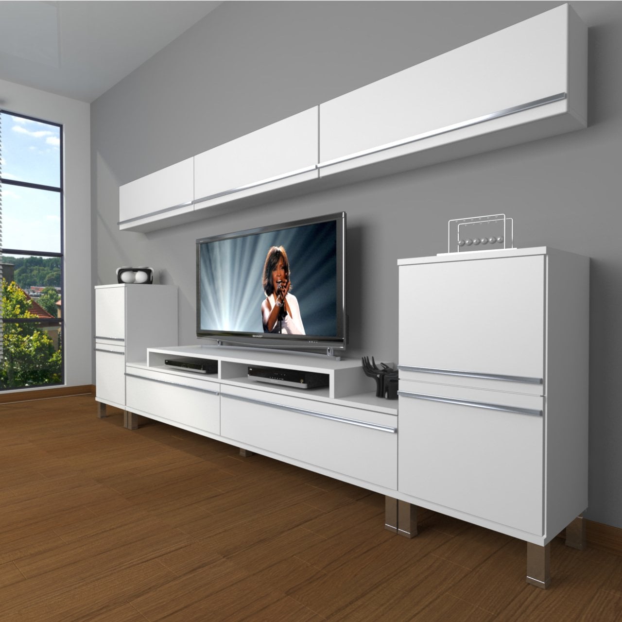 Decoraktiv Ekoflex 9 Mdf Krom Ayaklı Tv Ünitesi Tv Sehpası Parlak Beyaz