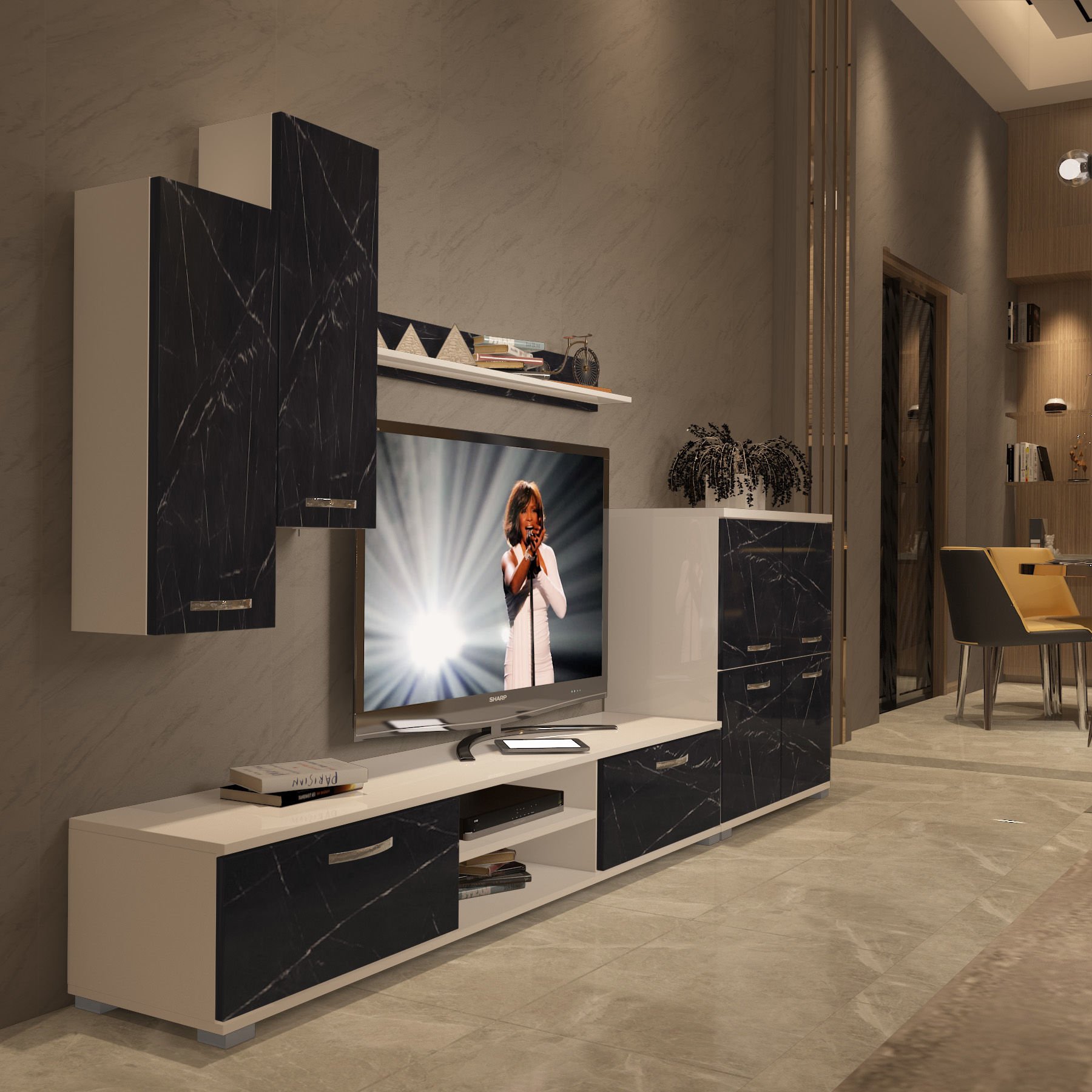 Decoraktiv Eko 6 Mdf Dvd Tv Ünitesi Tv Sehpası Beyaz - Siyah Mermer
