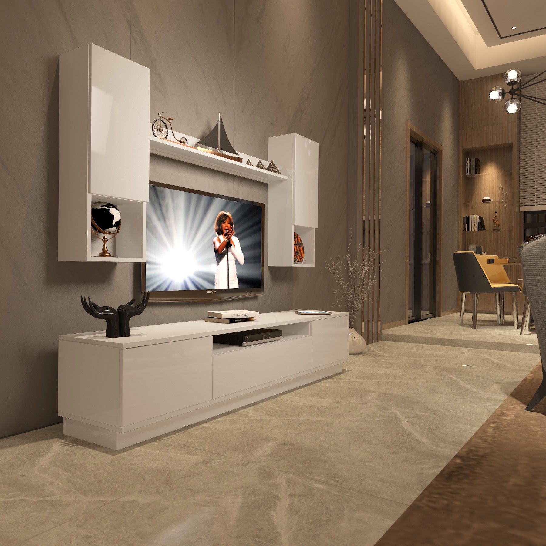 Decoraktiv Trendstyle 5DAS Slm Tv Ünitesi Tv Sehpası Parlak Beyaz