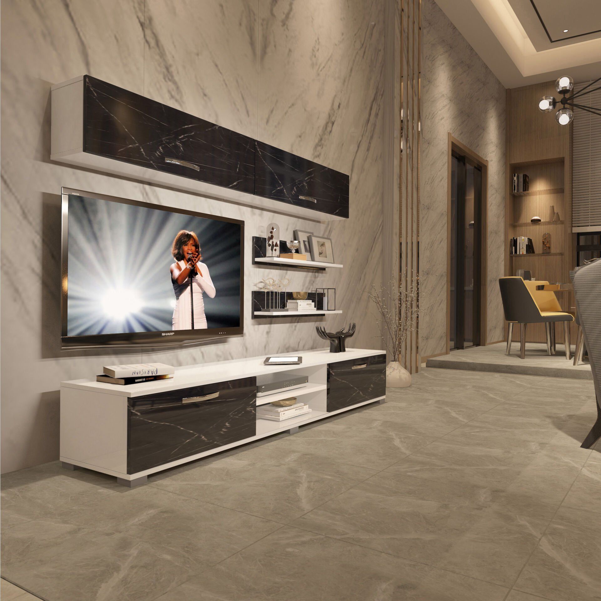Decoraktiv Eko 5 Mdf Dvd Tv Ünitesi Tv Sehpası Beyaz - Siyah Mermer
