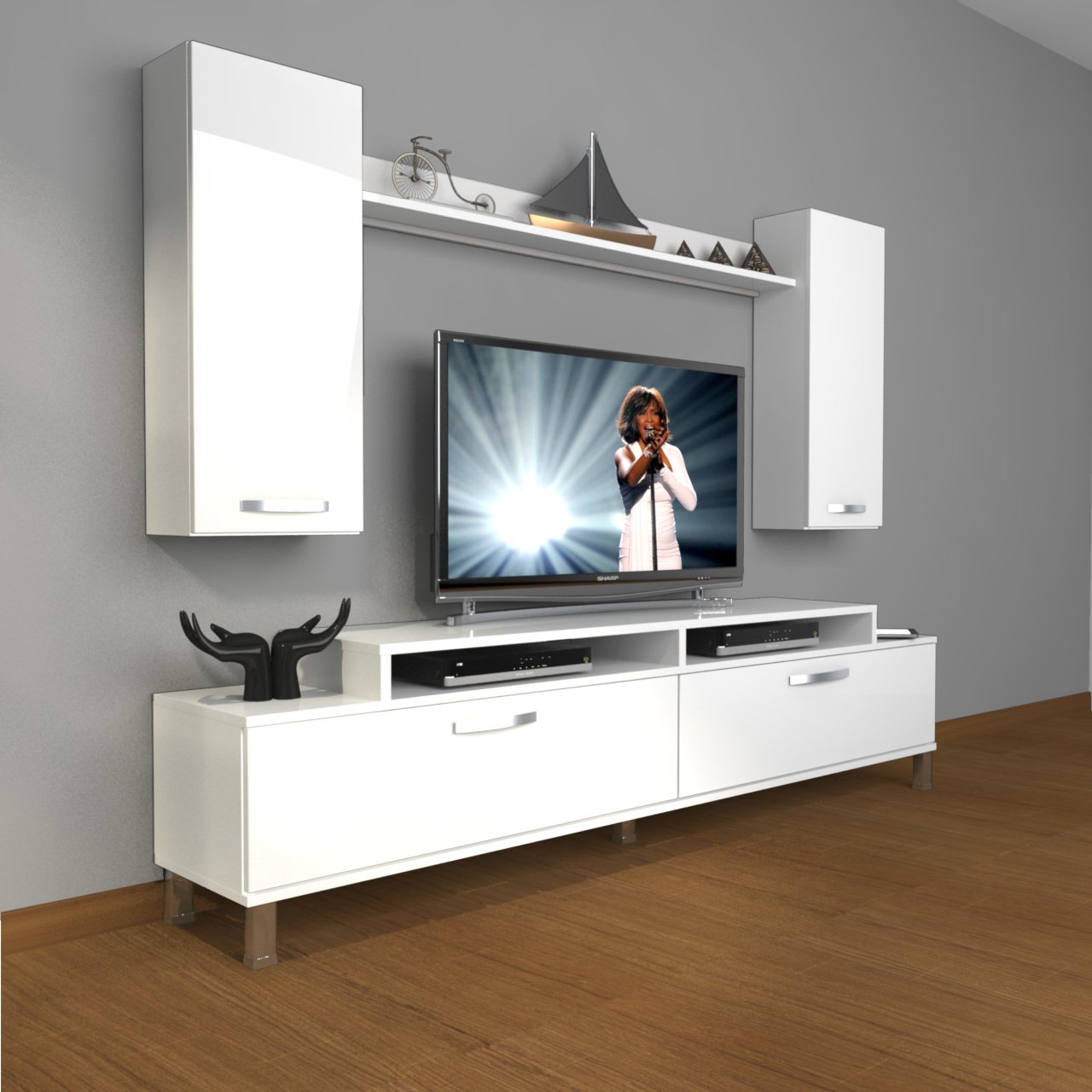Decoraktiv Ekoflex 7 Slm Krom Ayaklı Tv Ünitesi Tv Sehpası Parlak Beyaz