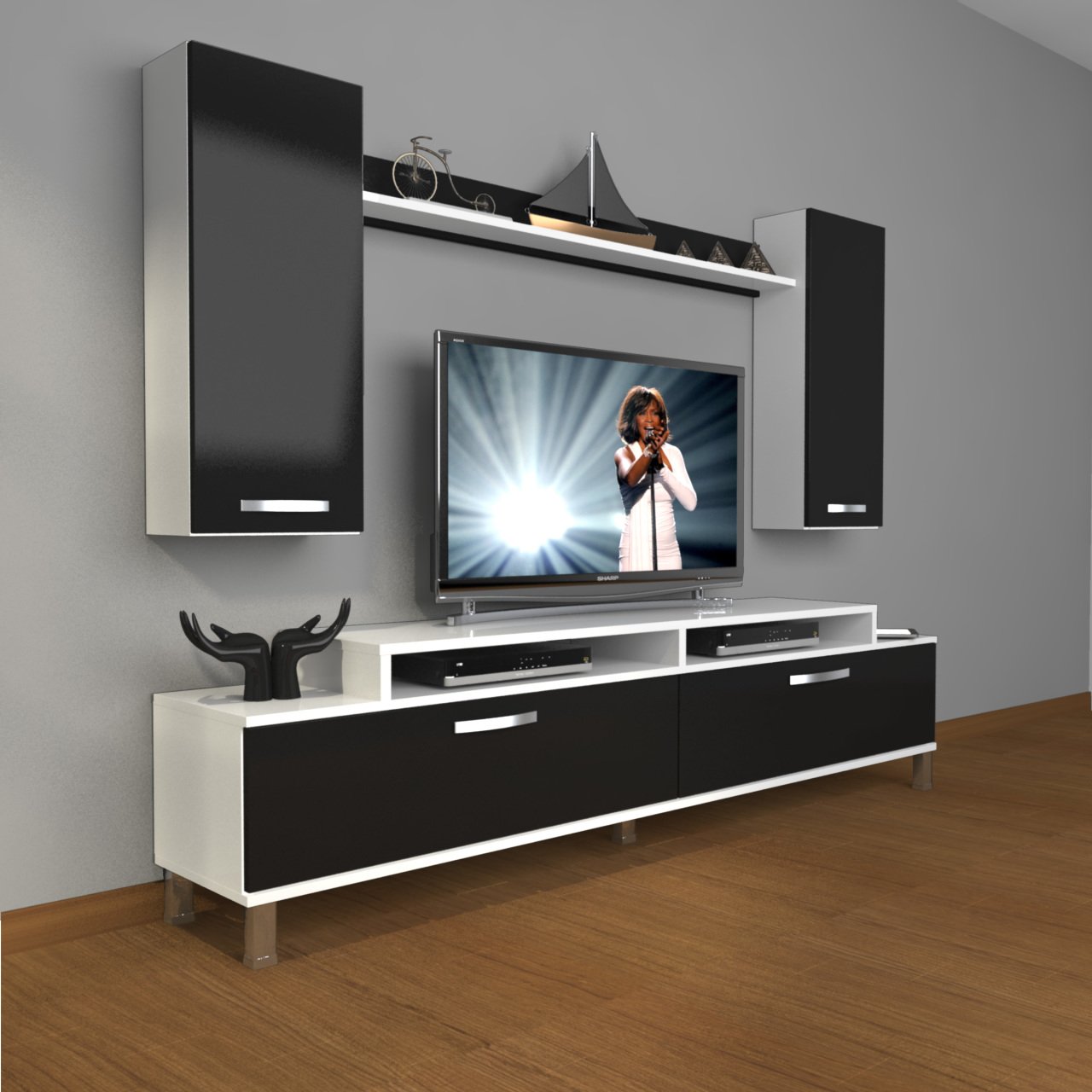 Decoraktiv Ekoflex 7 Slm Krom Ayaklı Tv Ünitesi Tv Sehpası Beyaz - Siyah
