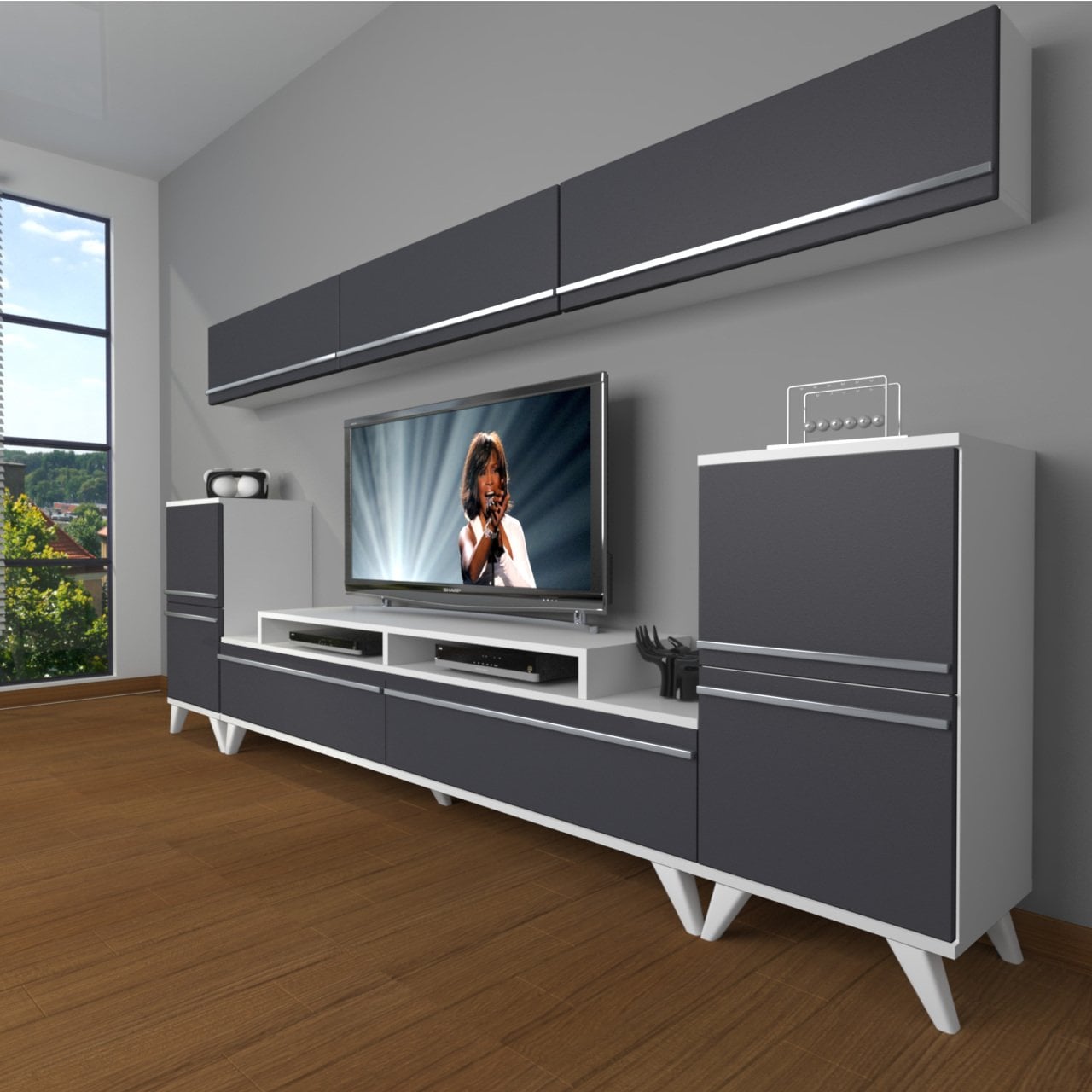 Decoraktiv Ekoflex 9 Mdf Retro Tv Ünitesi Tv Sehpası Beyaz - Antrasit