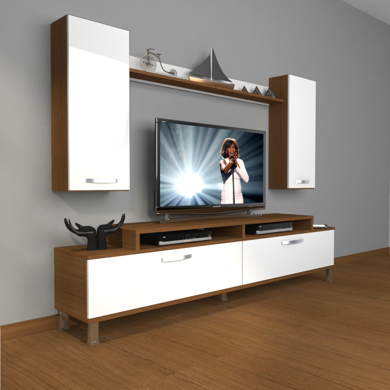 Decoraktiv Ekoflex 7 Slm Krom Ayaklı Tv Ünitesi Tv Sehpası Ceviz - Beyaz