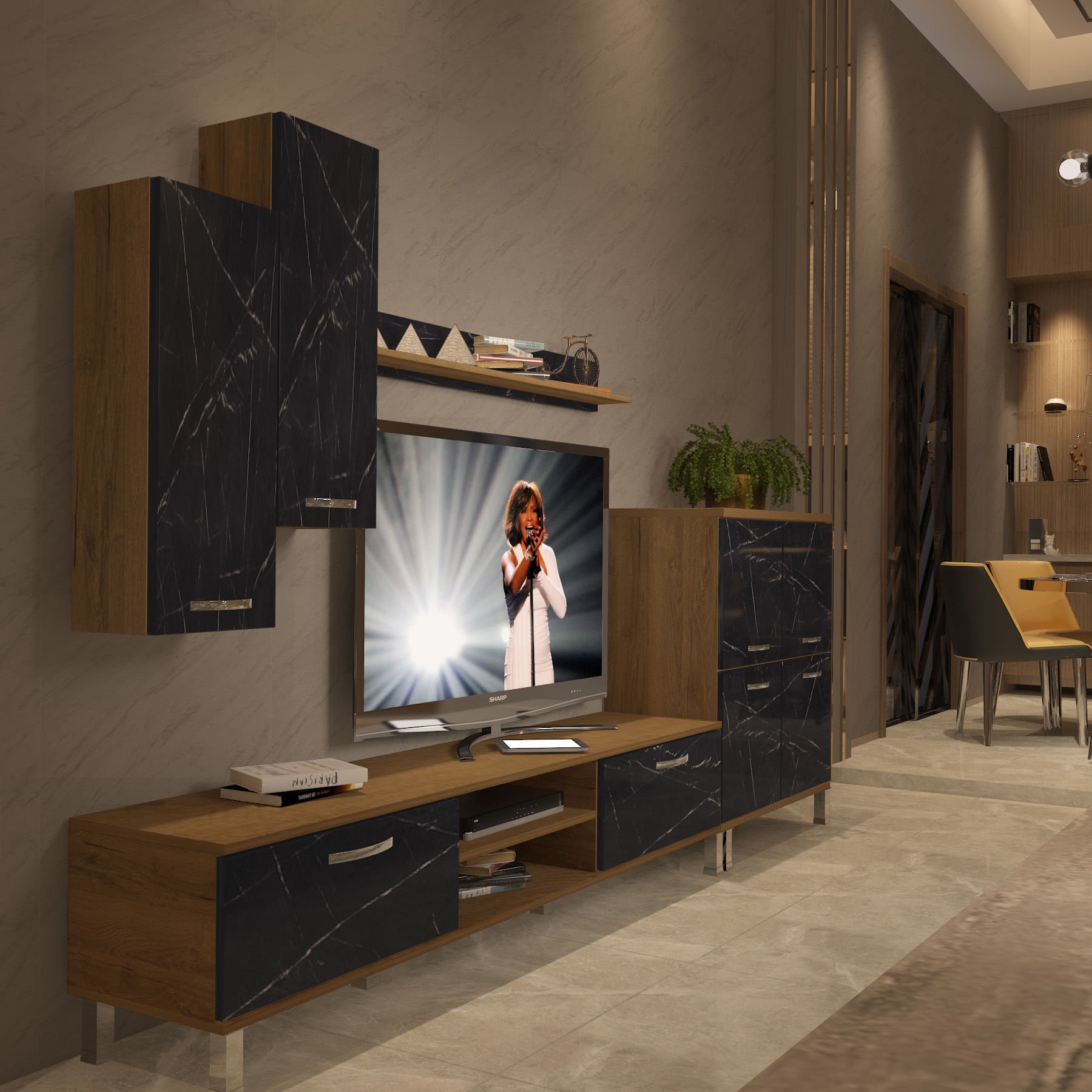 Decoraktiv Eko 6 Mdf Dvd Krom Ayaklı Tv Ünitesi Tv Sehpası Pera - Siyah Mermer