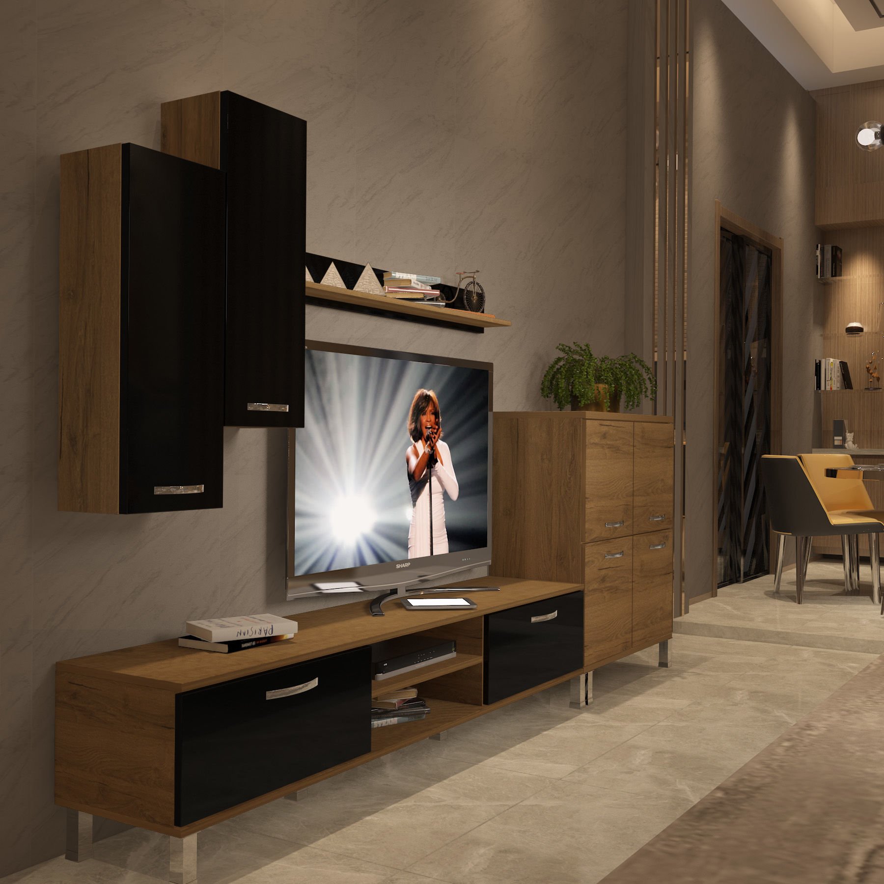 Decoraktiv Eko 6 Mdf Dvd Krom Ayaklı Tv Ünitesi Tv Sehpası Pera - Siyah