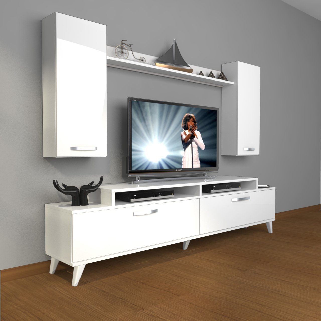 Decoraktiv Ekoflex 7 Slm Retro Tv Ünitesi Tv Sehpası Parlak Beyaz