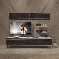 Decoraktiv Eko 5 Mdf Std Krom Ayaklı Tv Ünitesi Tv Sehpası Beyaz - Siyah Mermer