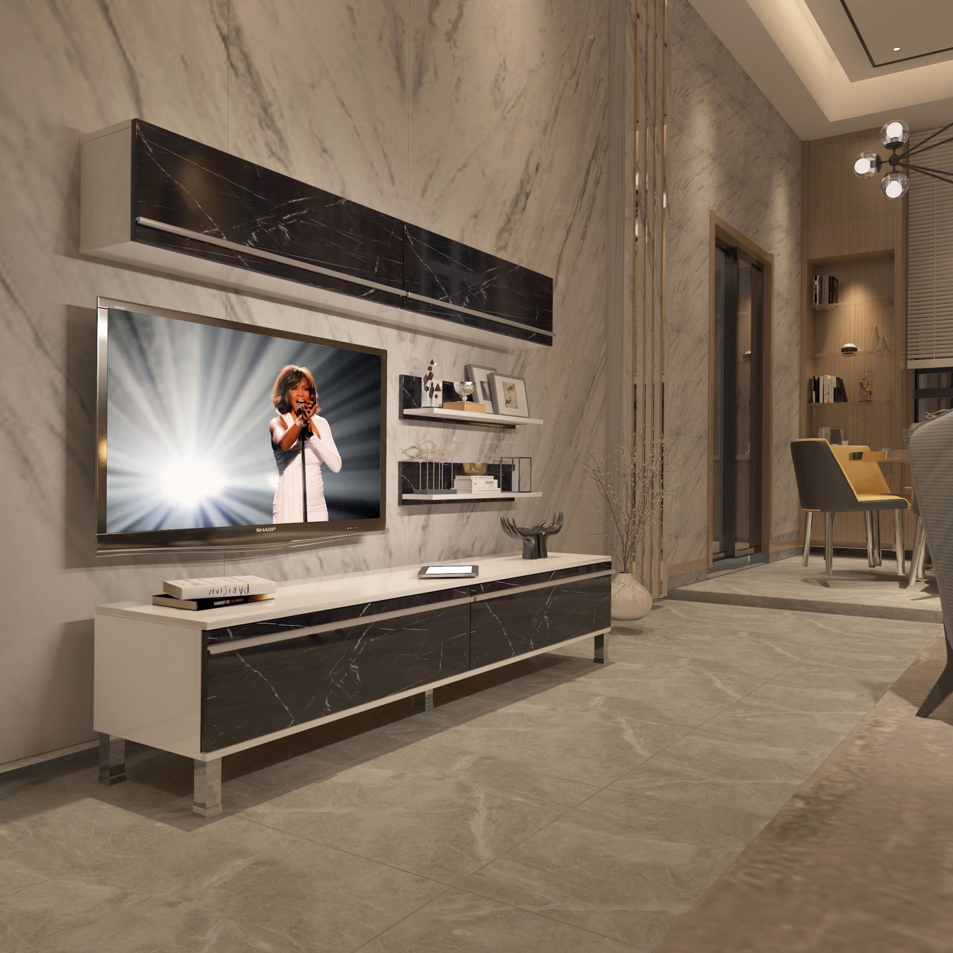 Decoraktiv Eko 5 Mdf Std Krom Ayaklı Tv Ünitesi Tv Sehpası Beyaz - Siyah Mermer