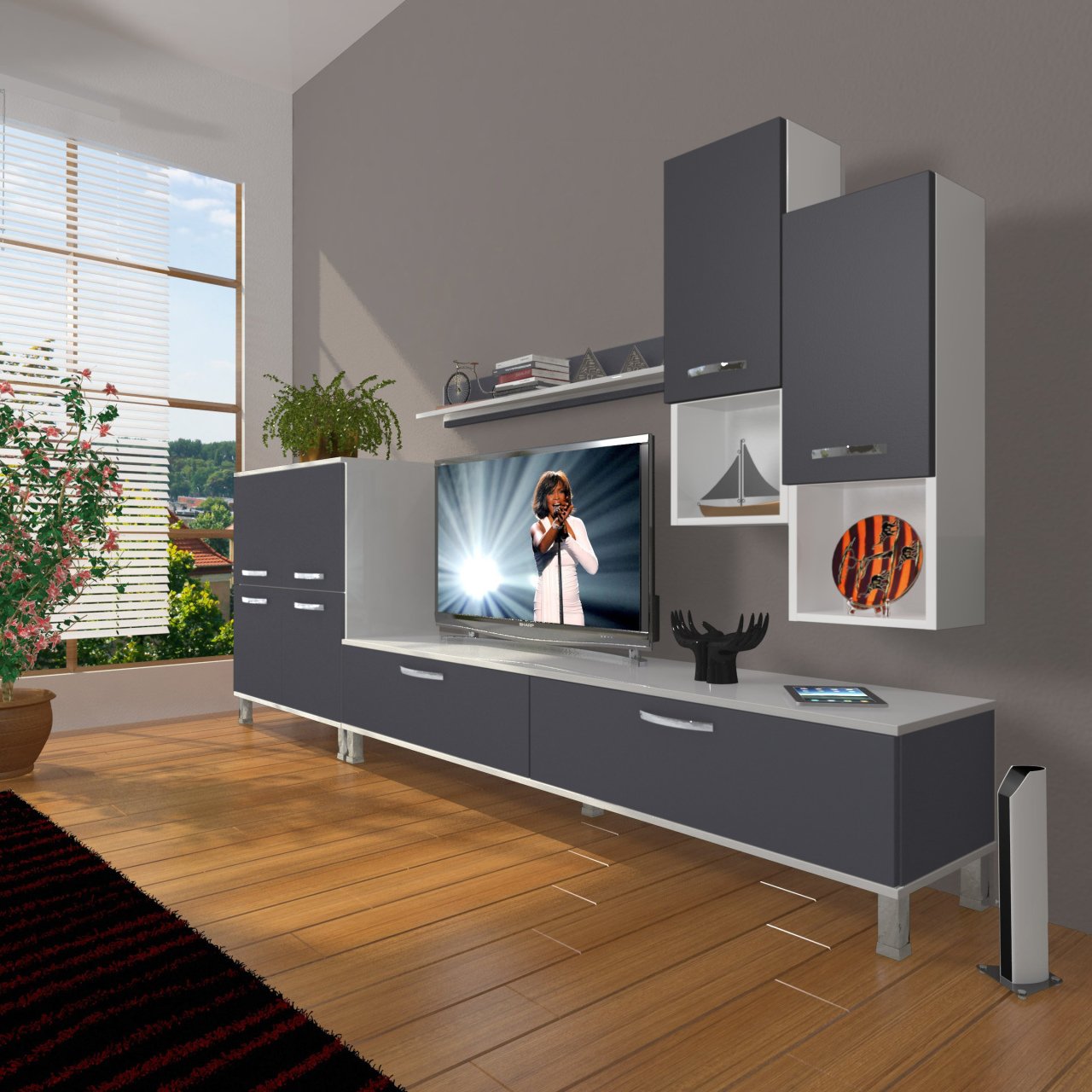 Decoraktiv Eko 6DA Mdf Std Krom Ayaklı Tv Ünitesi Tv Sehpası Beyaz - Antrasit