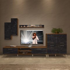 Decoraktiv Eko 6 Mdf Dvd Krom Ayaklı Tv Ünitesi Tv Sehpası Ceviz - Siyah Mermer