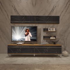 Decoraktiv Eko 5 Mdf Std Krom Ayaklı Tv Ünitesi Tv Sehpası Pera - Siyah Mermer